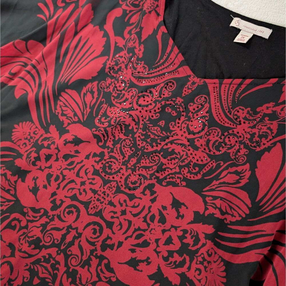 Floral Patterned Poncho Blouse Women's 2XL Red Black Mesh Flutter Sleeve - Picture 3 of 8